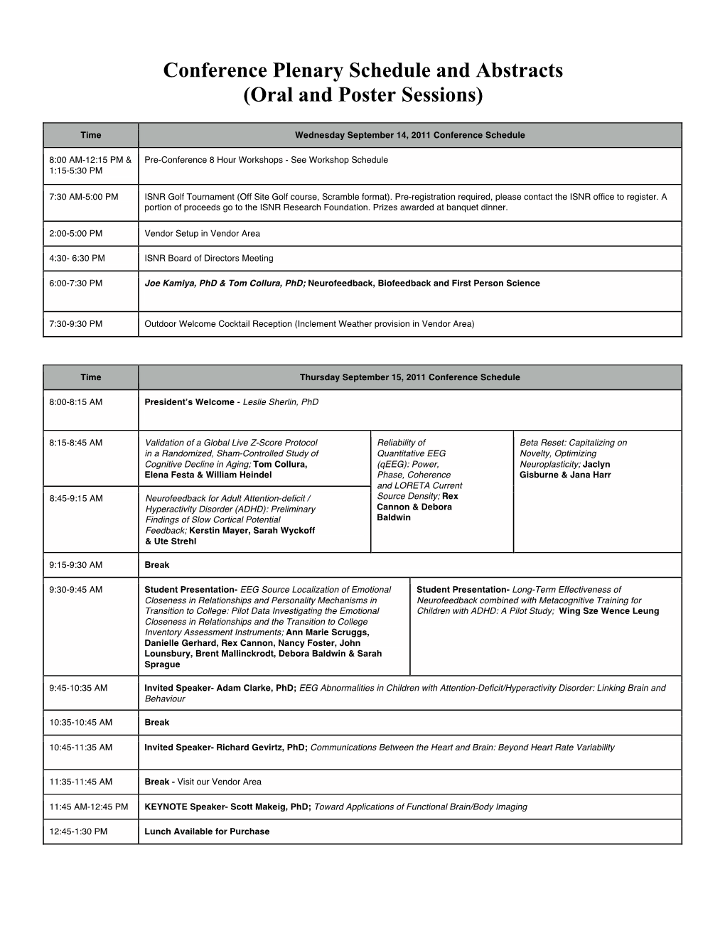 Conference Plenary Schedule and Abstracts (Oral and Poster Sessions)