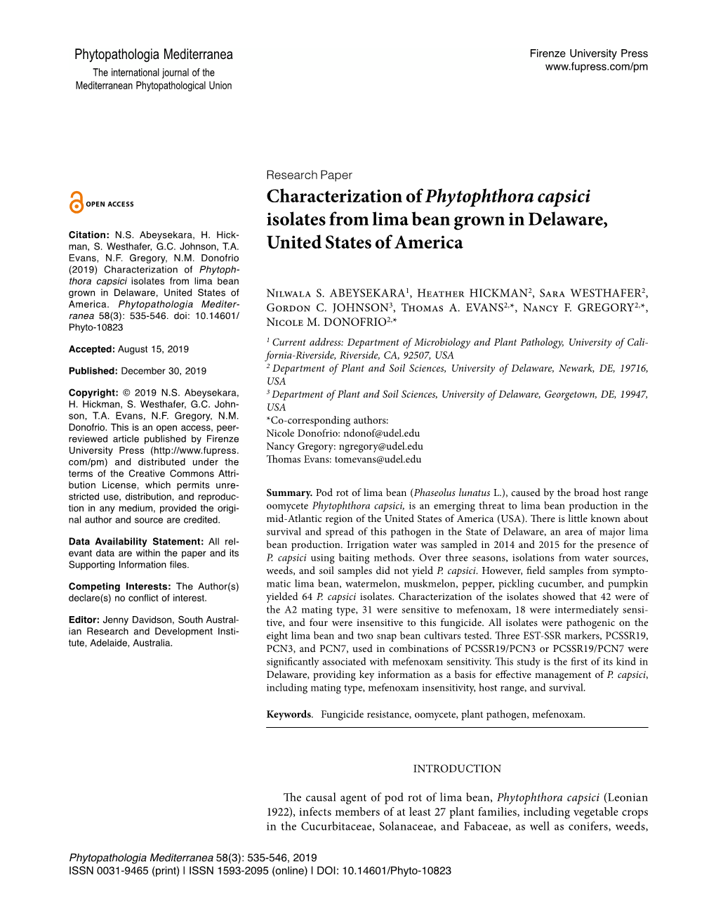 Characterization of Phytophthora Capsici Isolates from Lima Bean Grown in Delaware, Citation: N.S