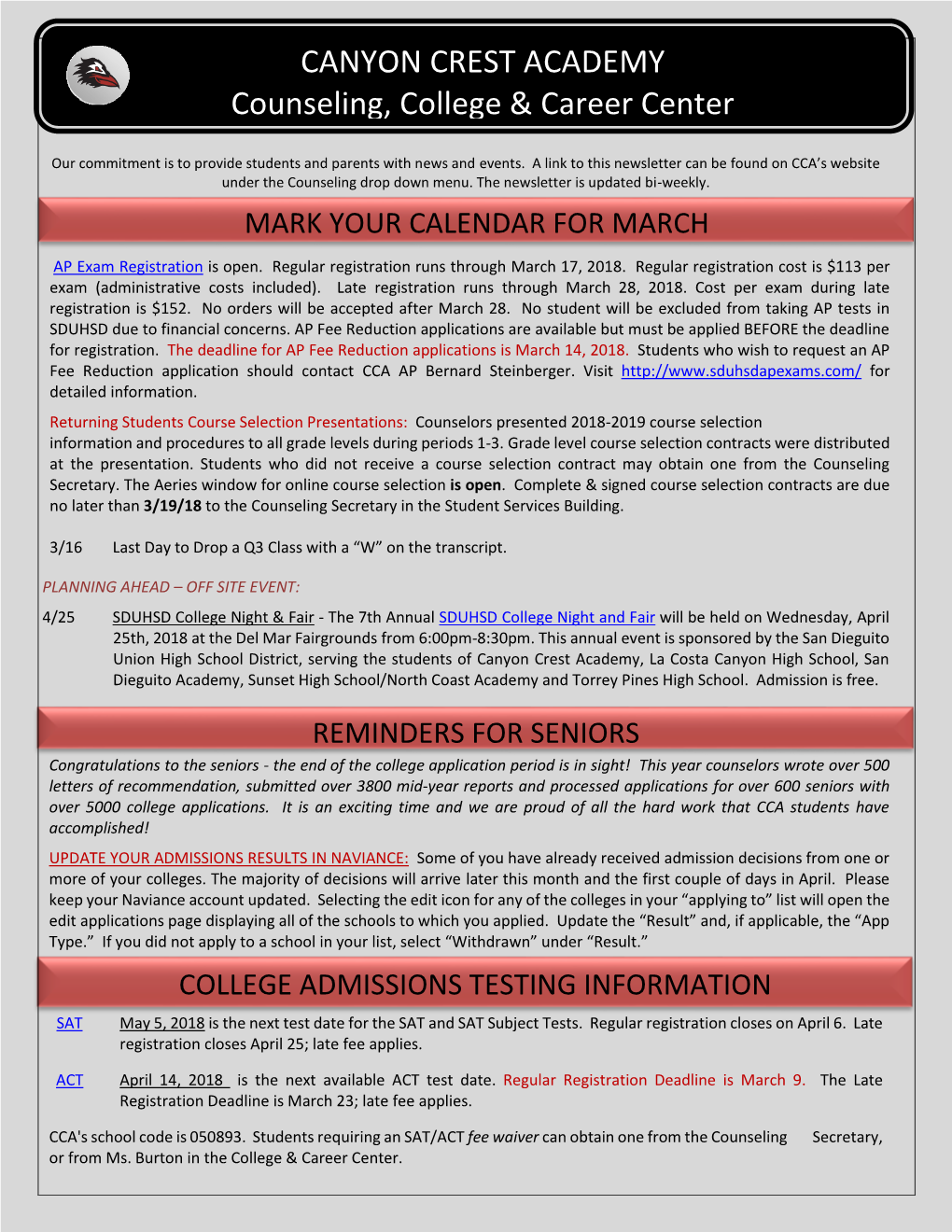 Counseling, College & Career Center Newsletter