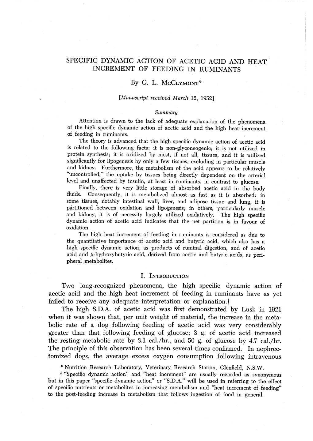 Specific Dynamic Action of Acetic Acid and Heat' Increment of Feeding in Ruminants