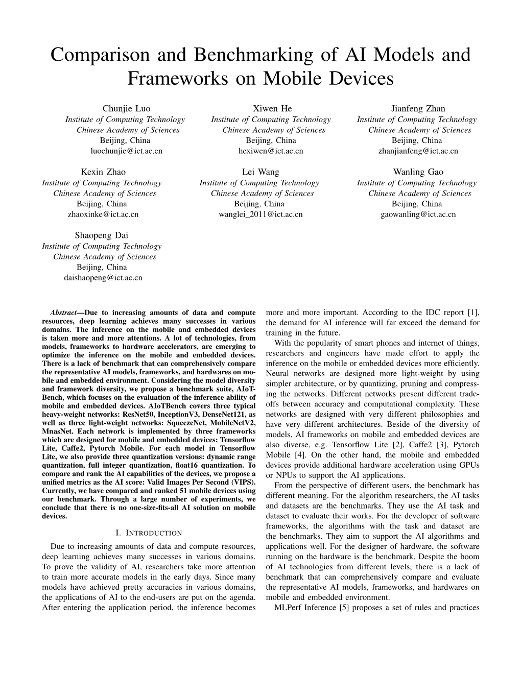 Comparison and Benchmarking of AI Models and Frameworks on Mobile Devices