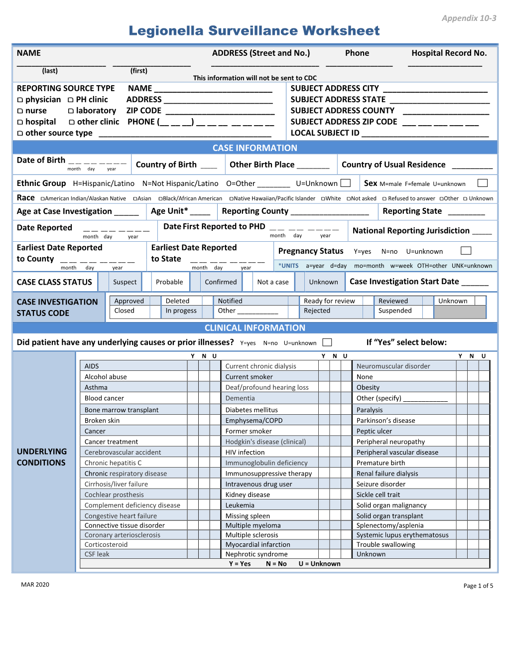 Legionella Surveillance Worksheet-Appendix 10-3