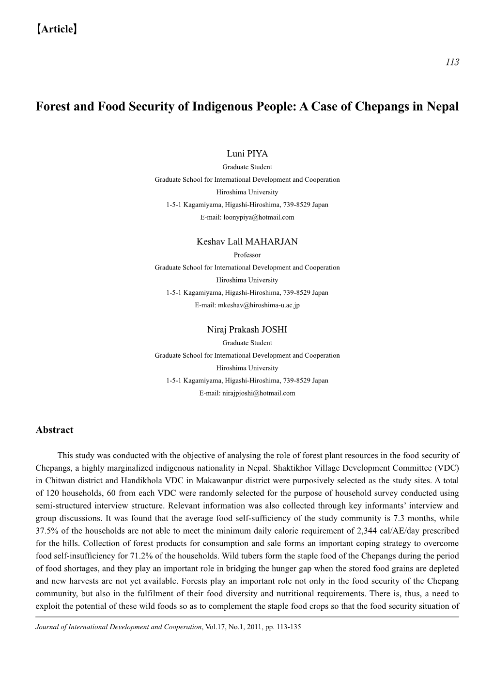 Forest and Food Security of Indigenous People: a Case of Chepangs in Nepal