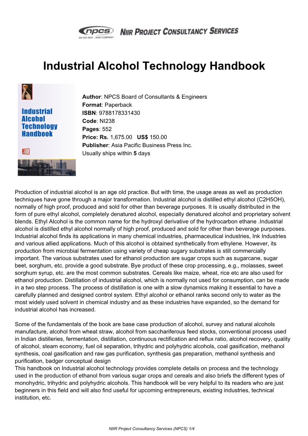 Industrial Alcohol Technology Handbook