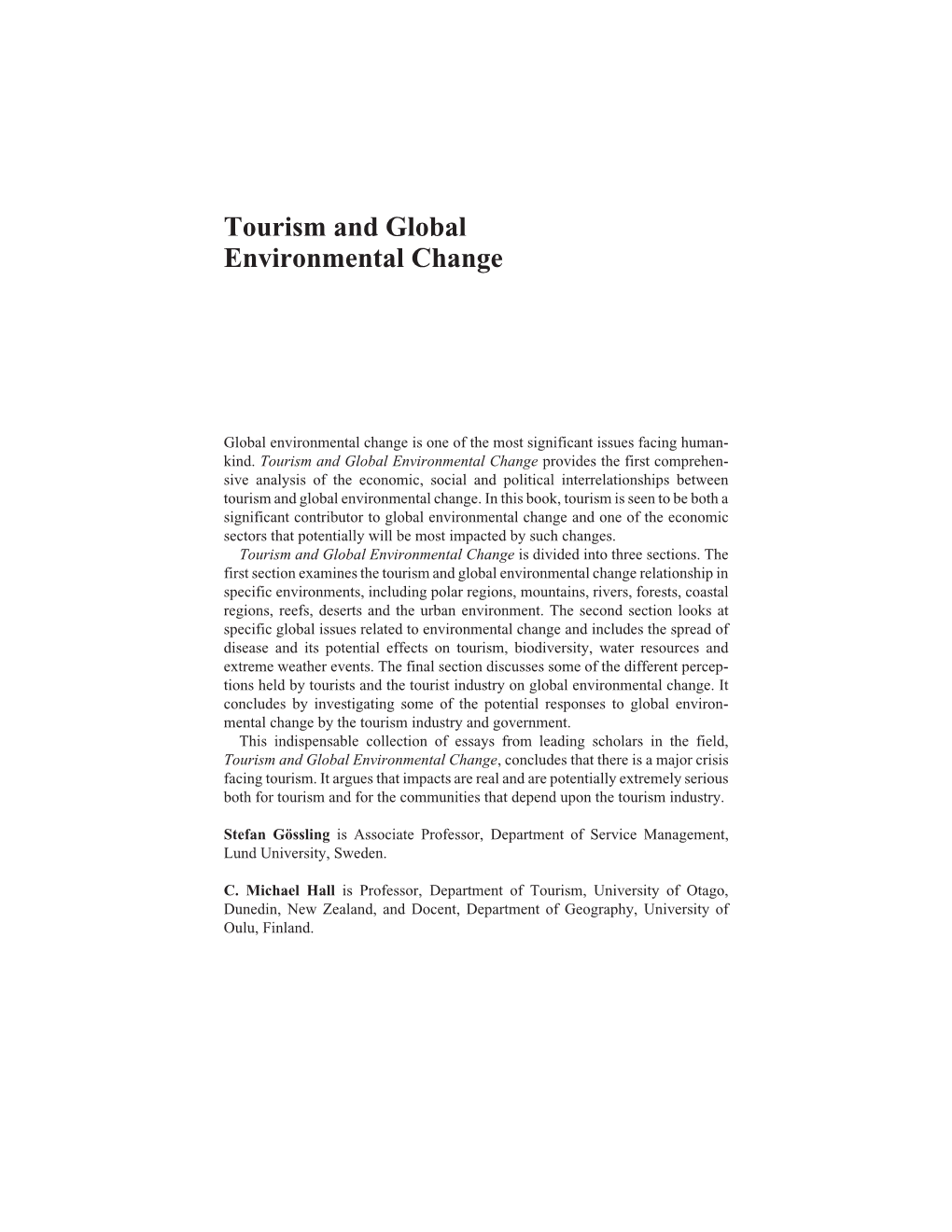 Tourism and Global Environmental Change