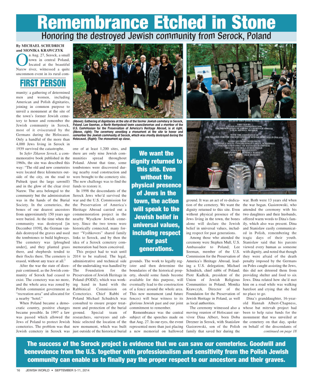 Article in the Long Island Jewish World on the Re-Dedication Ceremony in Serock