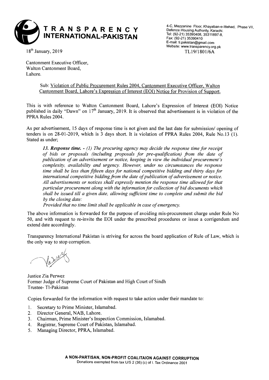 Transparency International Pakistan Is Striving for Across the Board Application of Rule of Law, Which Is the Only Way to Stop Corruption