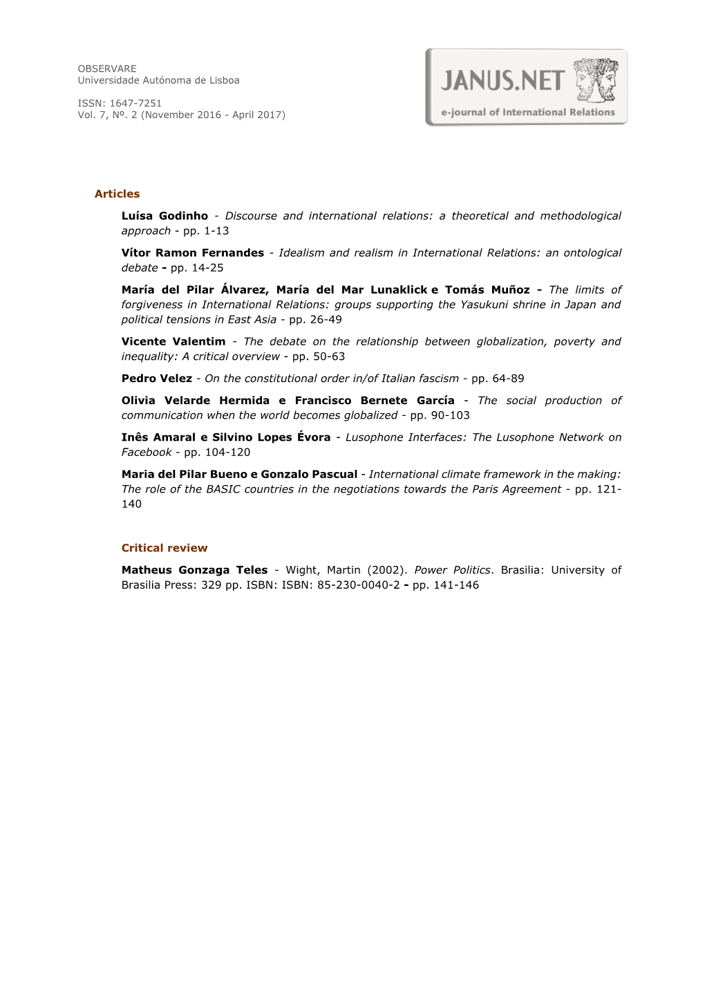 JANUS.NET E-Journal of International Relations, Vol