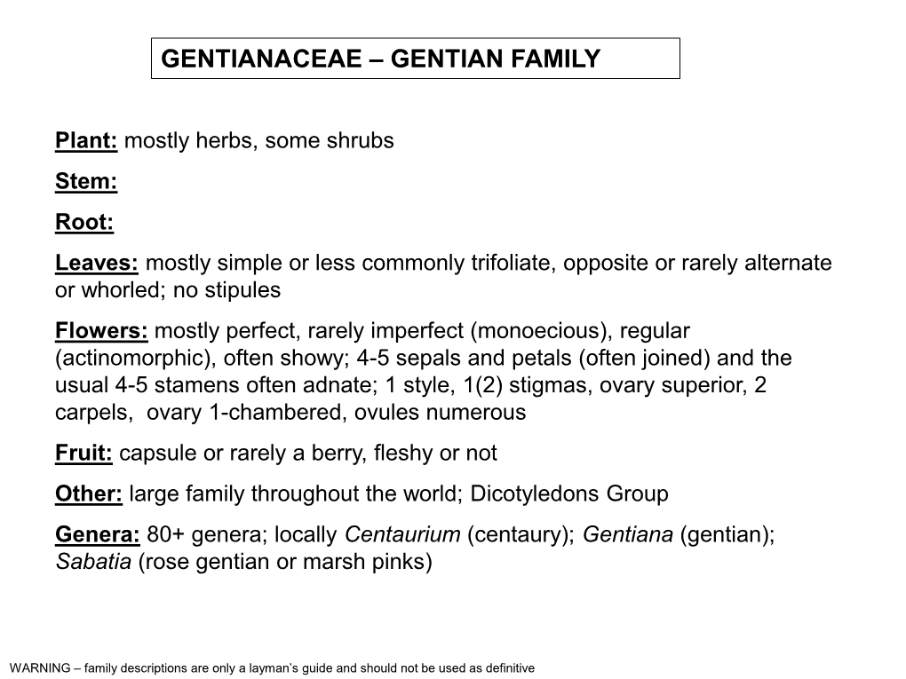 Gentianaceae – Gentian Family