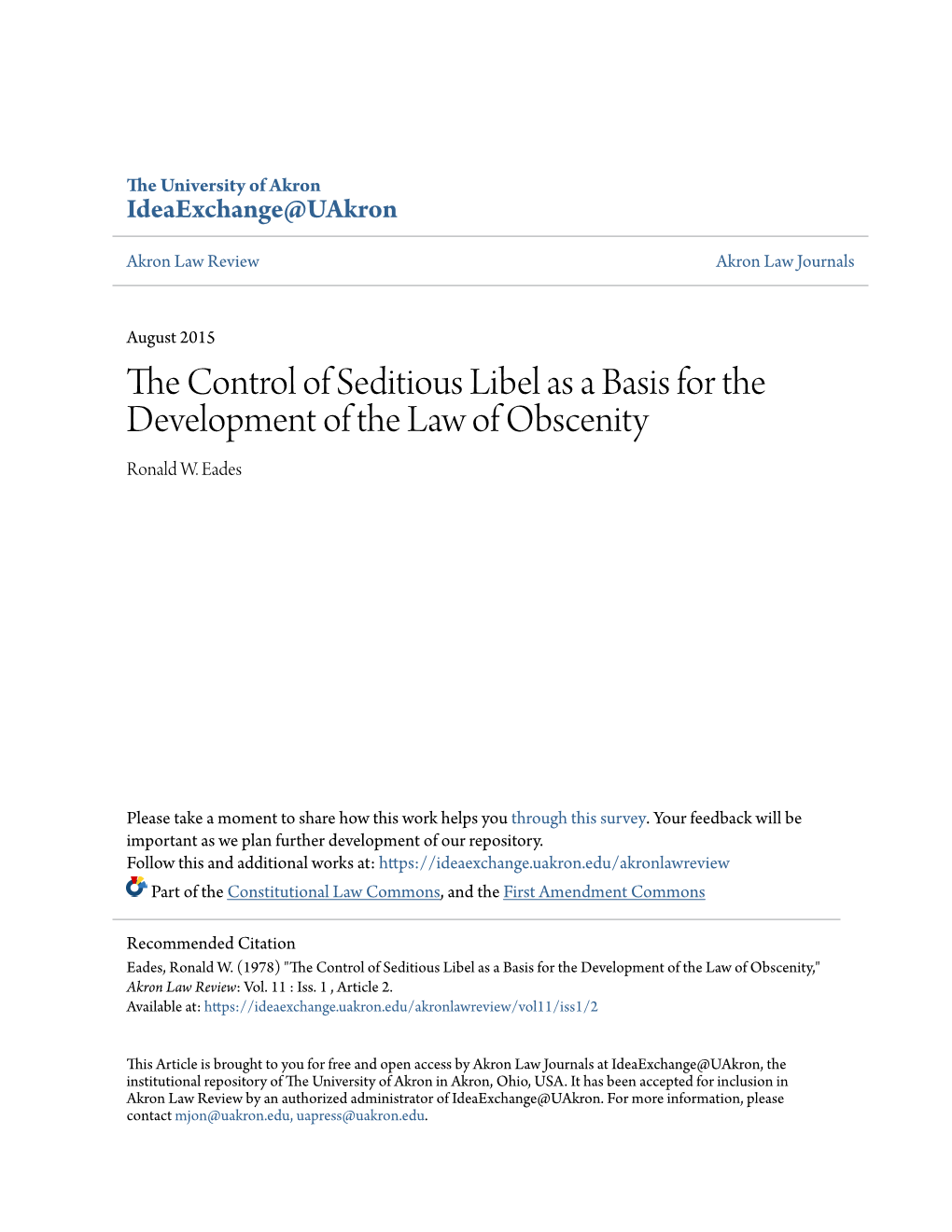 THE CONTROL of SEDITIOUS LIBEL AS a BASIS for the DEVELOPMENT of the LAW of Obscenityt