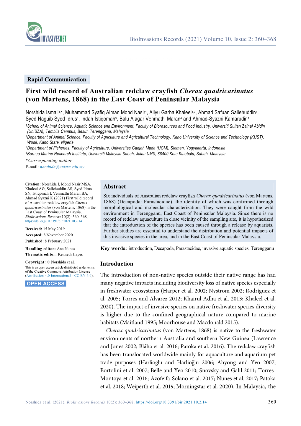 First Wild Record of Australian Redclaw Crayfish Cherax Quadricarinatus (Von Martens, 1868) in the East Coast of Peninsular Malaysia