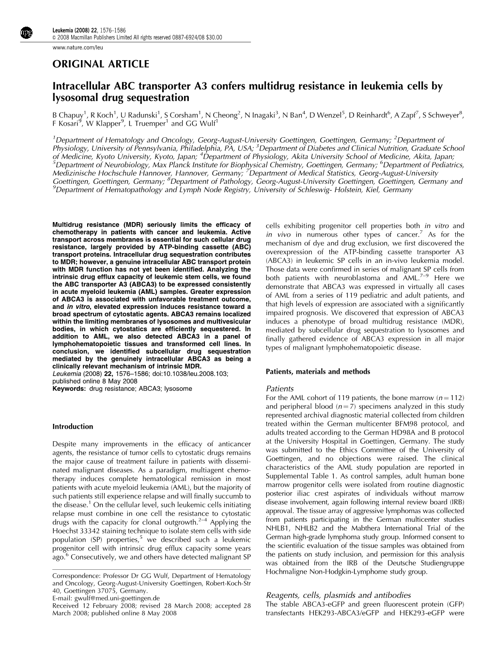 Intracellular ABC Transporter A3 Confers Multidrug Resistance in Leukemia Cells by Lysosomal Drug Sequestration