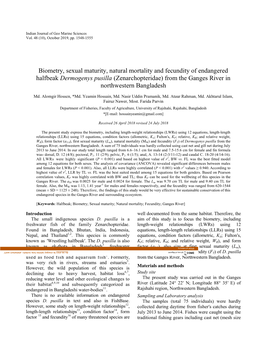 Biometry, Sexual Maturity, Natural Mortality and Fecundity Of