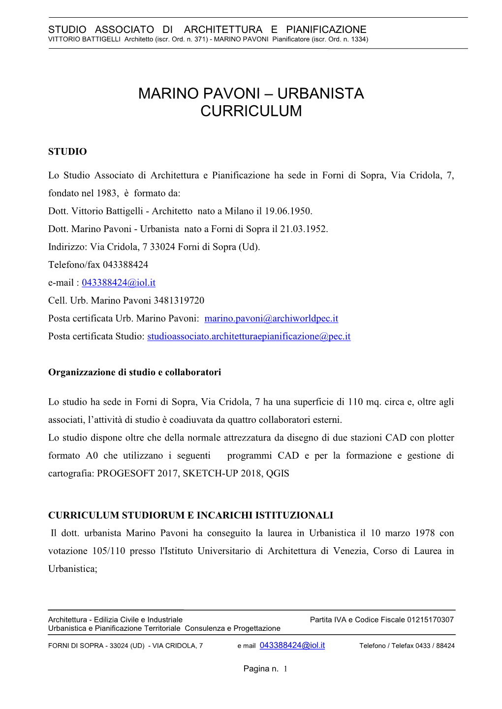 Marino Pavoni – Urbanista Curriculum