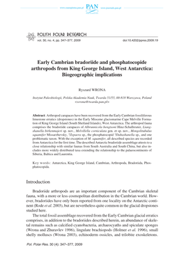 Early Cambrian Bradoriide and Phosphatocopide Arthropods from King George Island, West Antarctica: Biogeographic Implications