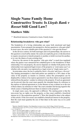 Is Lloyds Bank V Rosset Still Good Law? Matthew Mills*