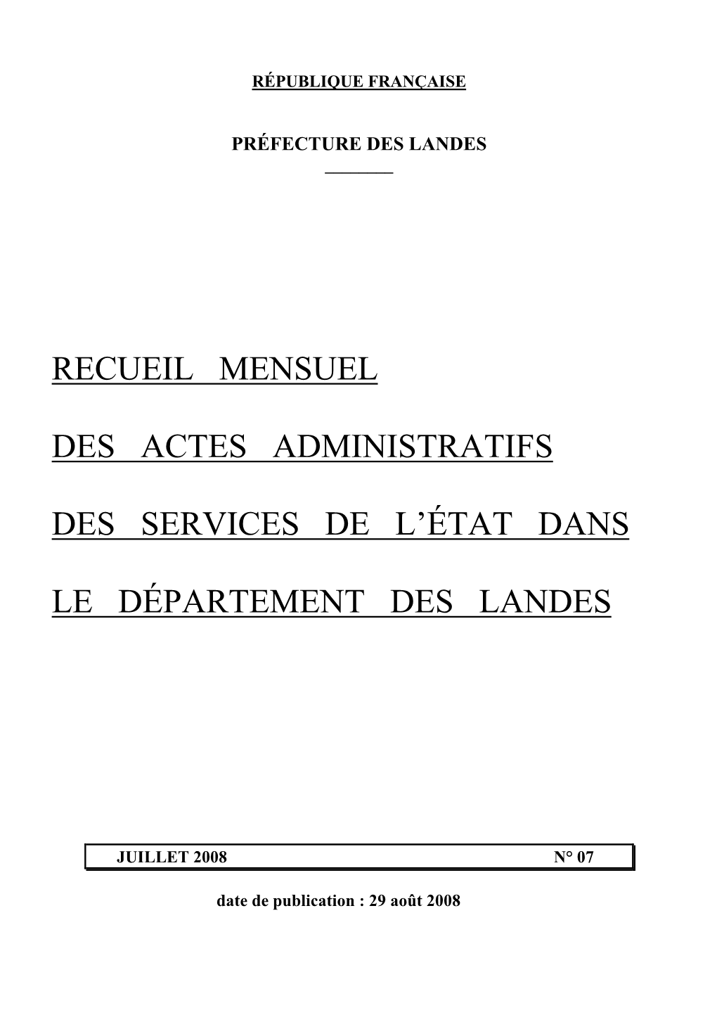 Recueil Mensuel Des Actes Administratifs Des Services