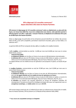 SFR a Dégroupé 112 Nouvelles Communes* Depuis Décembre 2011 Dans Les Hautes-Pyrénées
