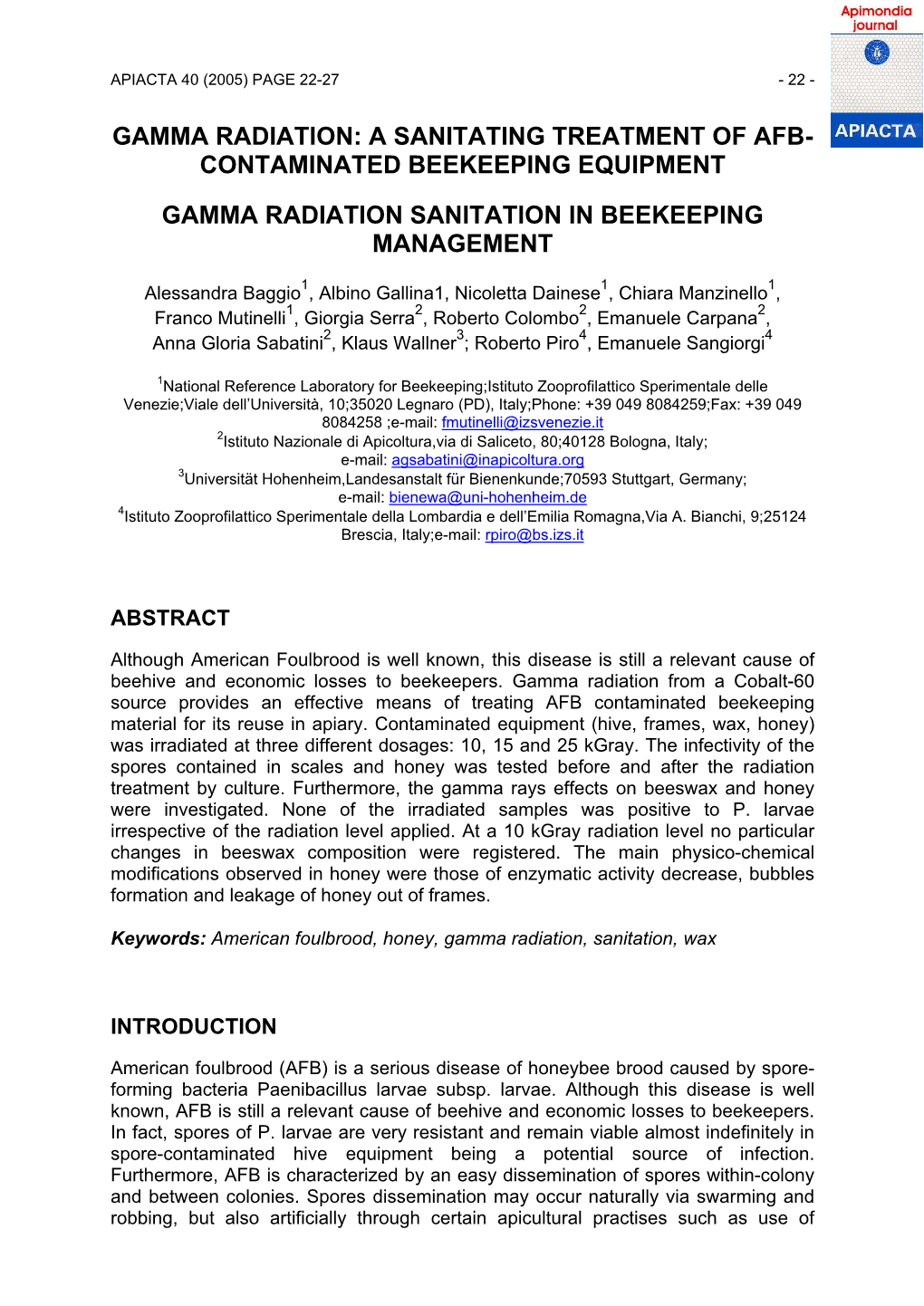 Gamma Radiation: a Sanitating Treatment of Afb- Contaminated Beekeeping Equipment