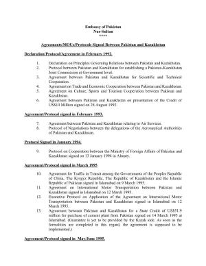 List of Signed Agreements Between Pakistan and Kazakhstan