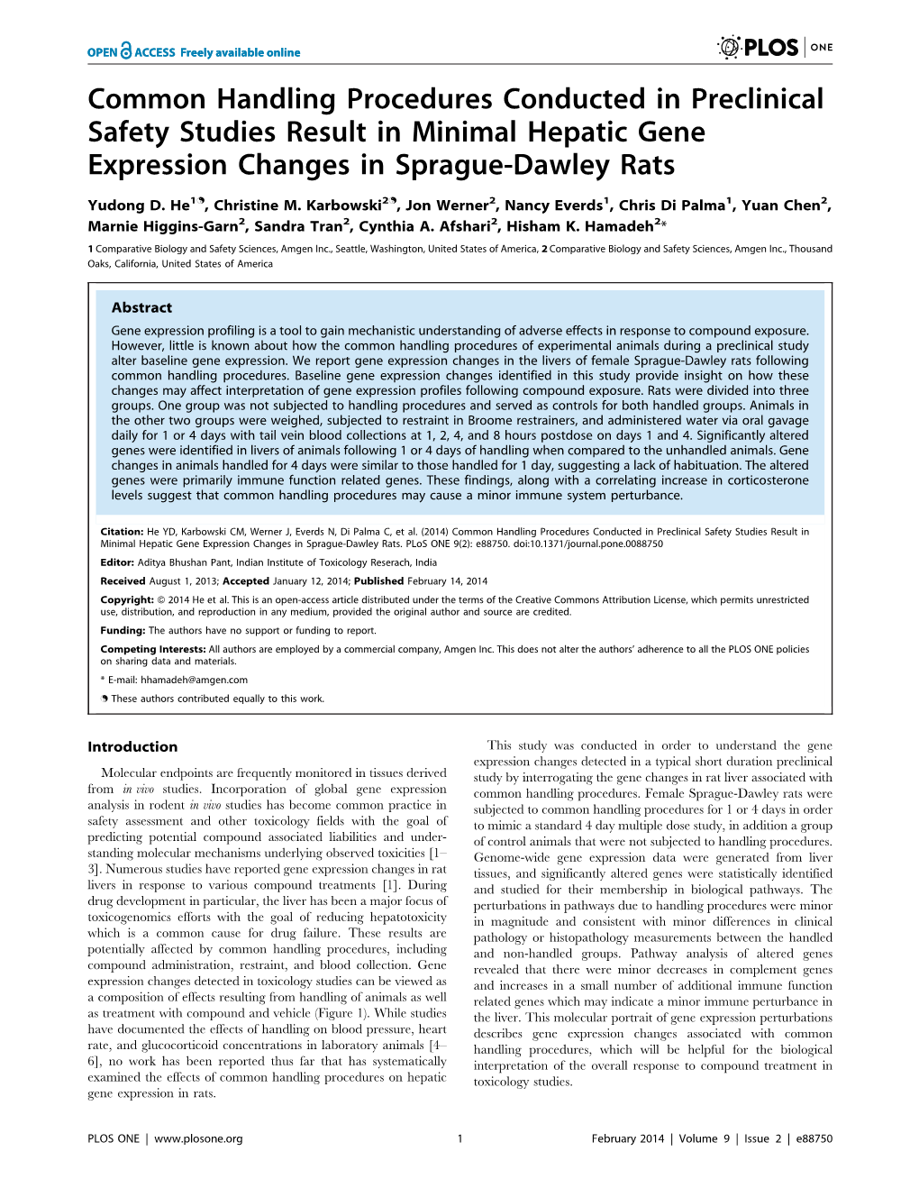 Common Handling Procedures Conducted in Preclinical Safety Studies Result in Minimal Hepatic Gene Expression Changes in Sprague-Dawley Rats