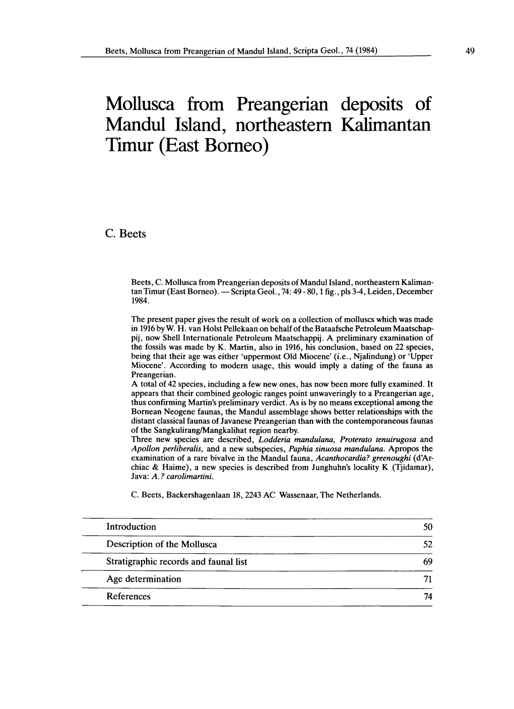 Mollusca from Preangerian Deposits of Mandul Island, Northeastern Kalimantan Timur (East Borneo)