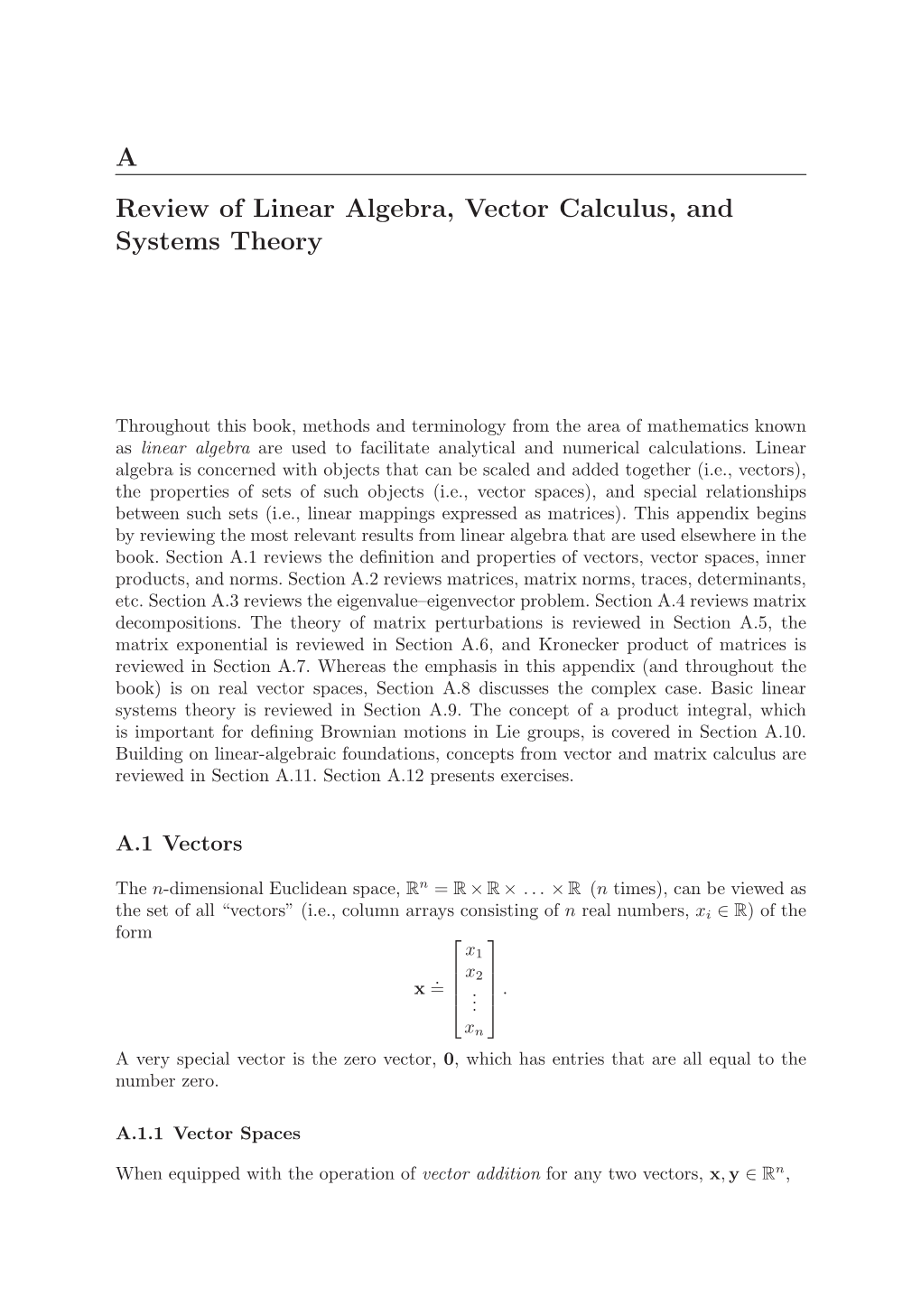 A Review of Linear Algebra, Vector Calculus, and Systems Theory