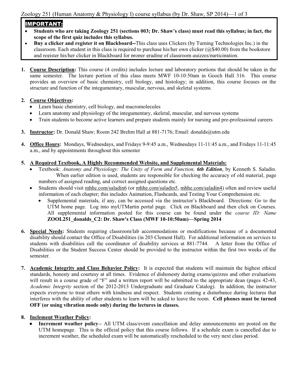 Zoology 251 (Human Anatomy & Physiology I) Course Syllabus - DocsLib