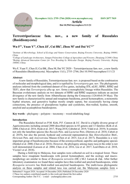 Terrestriporiaceae Fam. Nov., a New Family of Russulales (Basidiomycota)