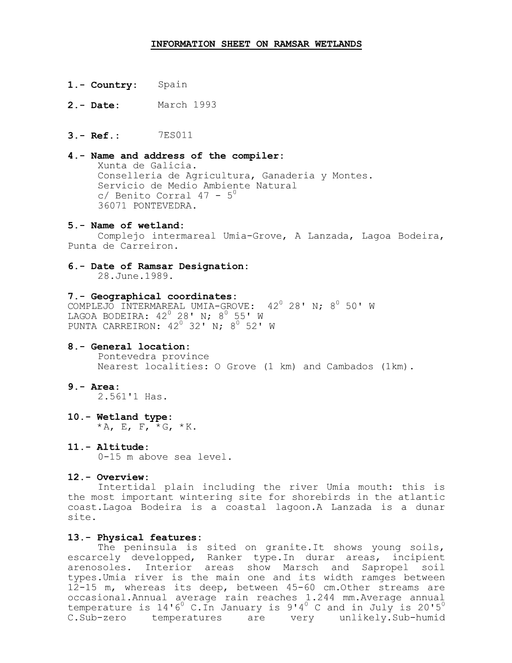 Information Sheet on Ramsar Wetlands 1