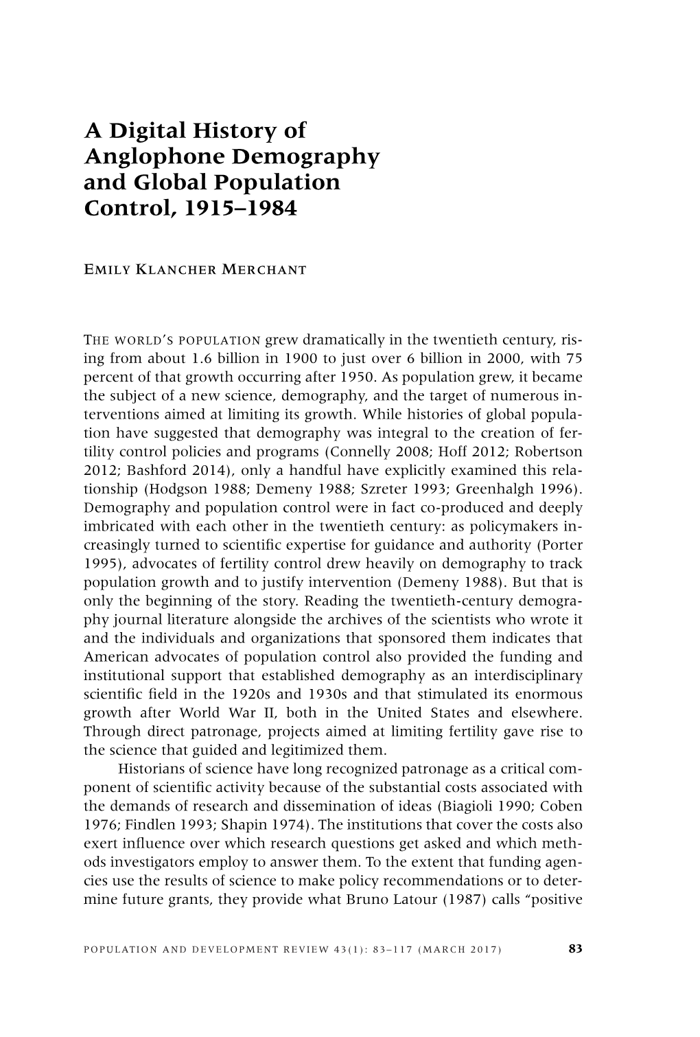 A Digital History of Anglophone Demography and Global Population Control, 1915–1984