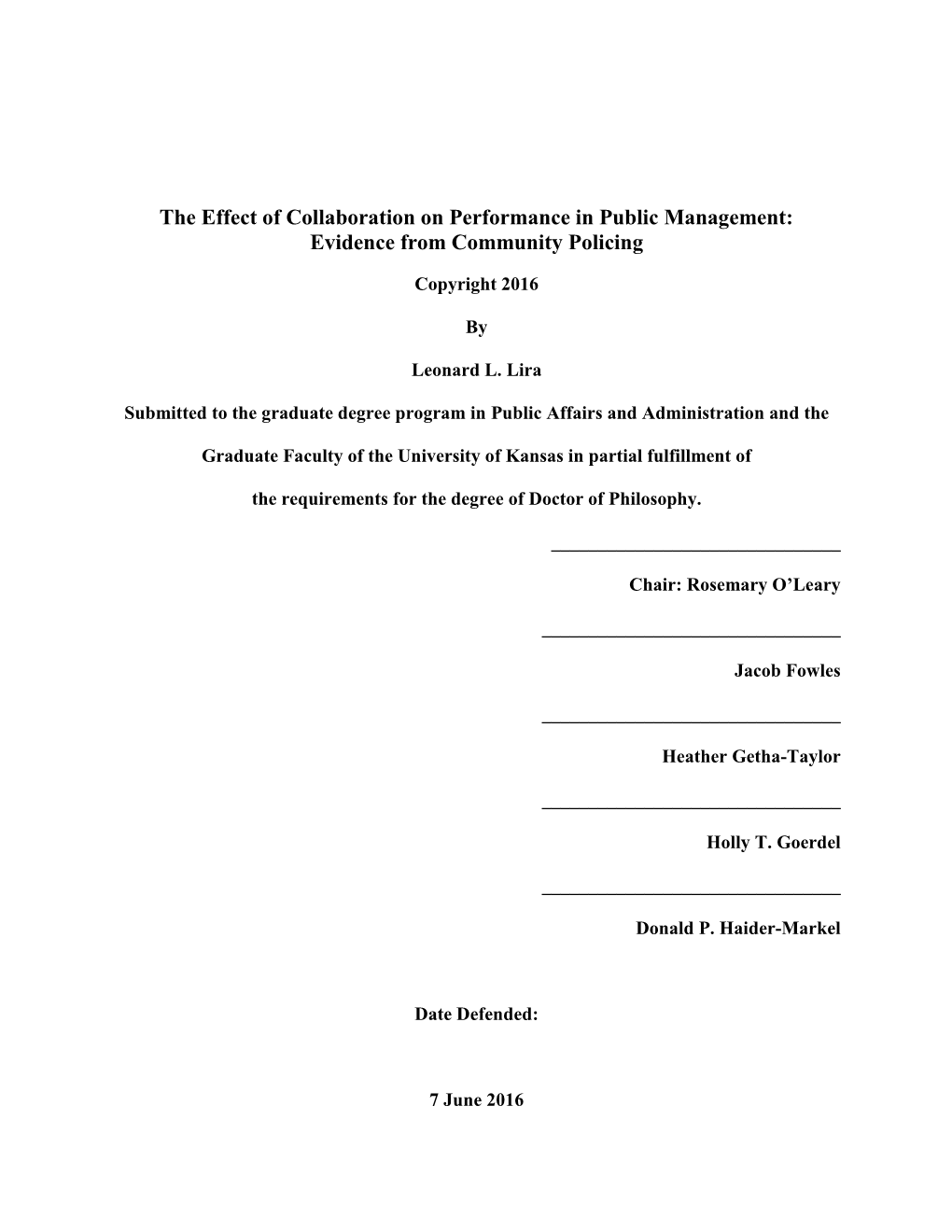 The Effect of Collaboration on Performance in Public Management: Evidence from Community Policing