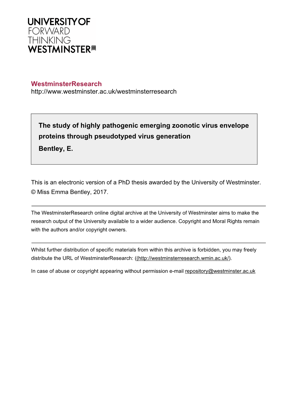 Westminsterresearch the Study of Highly Pathogenic Emerging