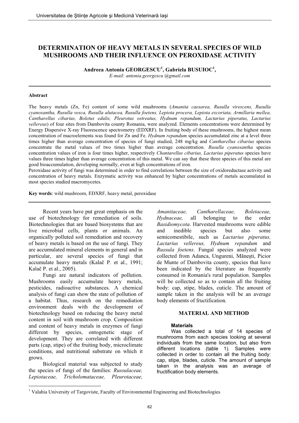 Determination of Heavy Metals in Several Species of Wild Mushrooms and Their Influence on Peroxidase Activity