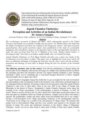 Jogesh Chandra Chatterjee: Perception and Activities of an Indian Revolutionary Dr