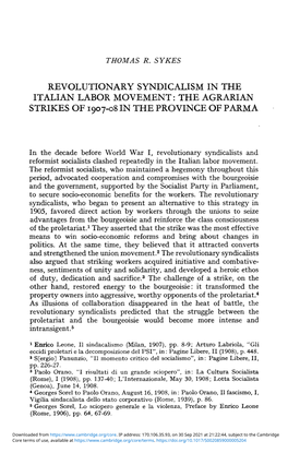 Revolutionary Syndicalism in the Italian Labor Movement: the Agrarian Strikes of 1907-08 in the Province of Parma