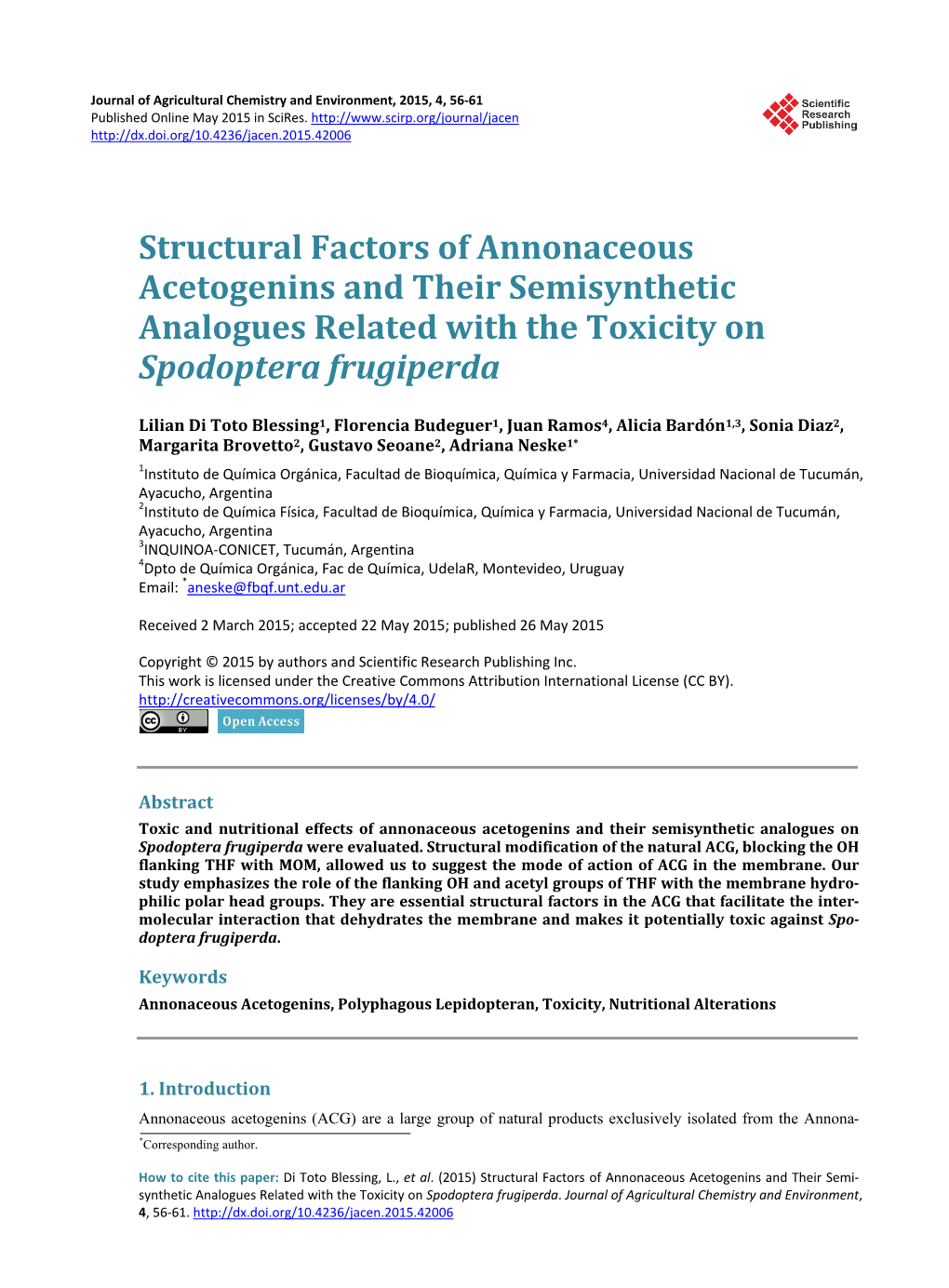 Structural Factors of Annonaceous Acetogenins and Their Semisynthetic Analogues Related with the Toxicity on Spodoptera Frugiperda