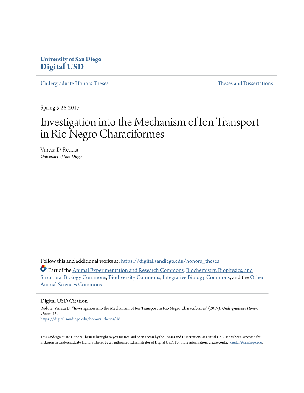 Investigation Into the Mechanism of Ion Transport in Rio Negro Characiformes Vineza D