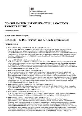 Consolidated List of Financial Sanctions Targets in the Uk