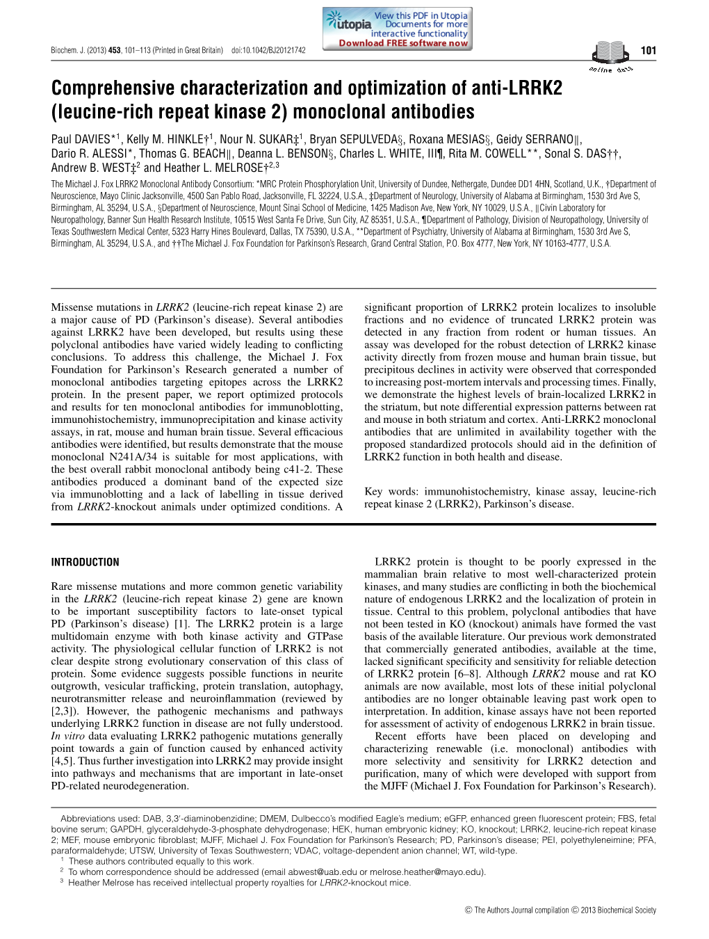 (Leucine-Rich Repeat Kinase 2) Monoclonal Antibodies Paul DAVIES*1, Kelly M