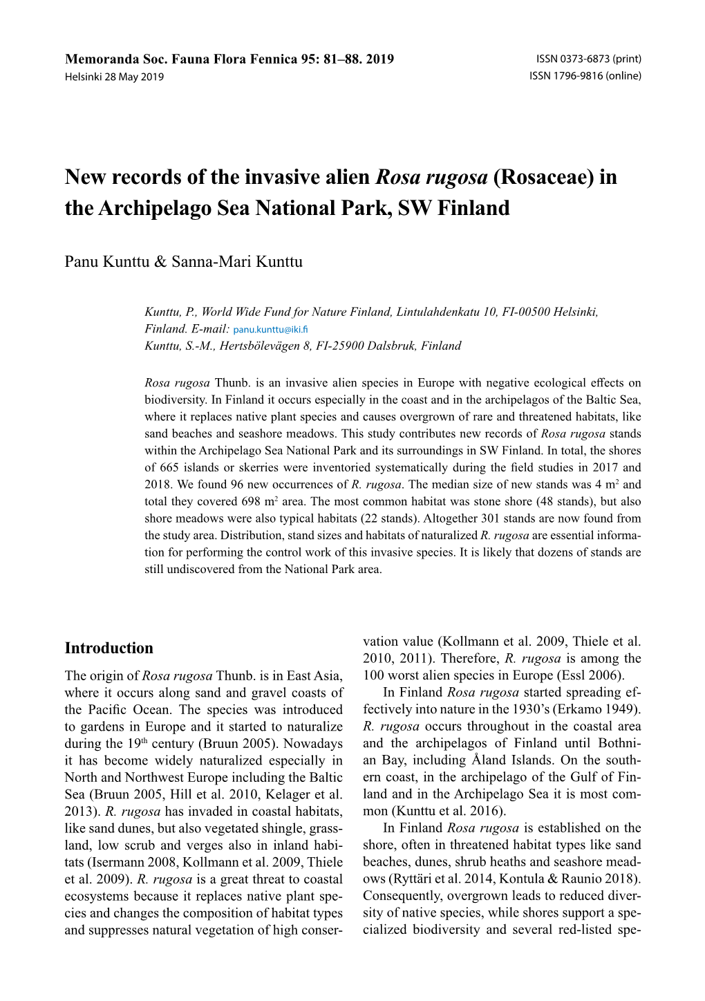 New Records of the Invasive Alien Rosa Rugosa (Rosaceae) in the Archipelago Sea National Park, SW Finland