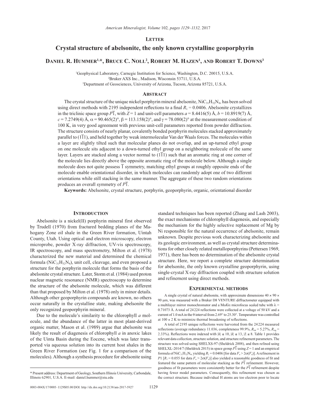 Crystal Structure of Abelsonite, the Only Known Crystalline Geoporphyrin