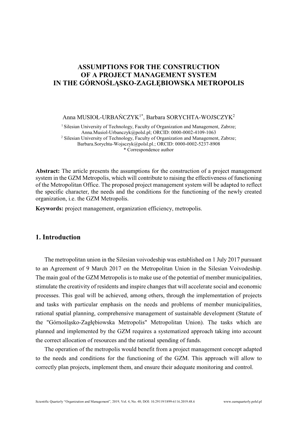 Assumptions for the Construction of a Project Management System in the Górnośląsko-Zagłębiowska Metropolis