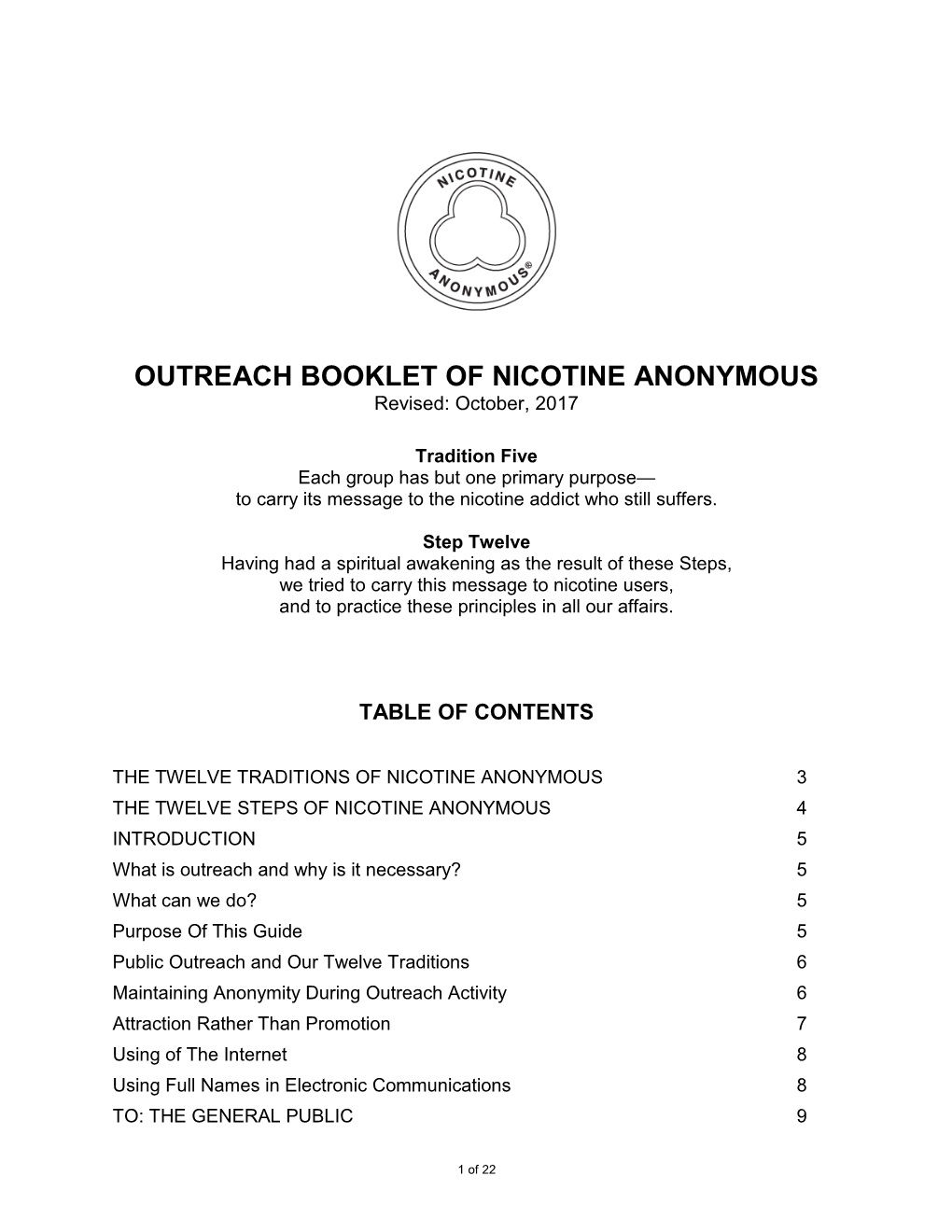 OUTREACH BOOKLET of NICOTINE ANONYMOUS Revised: October, 2017