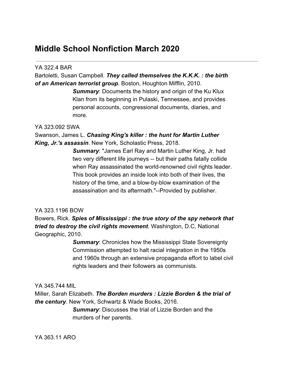 Middle School Nonfiction March 2020