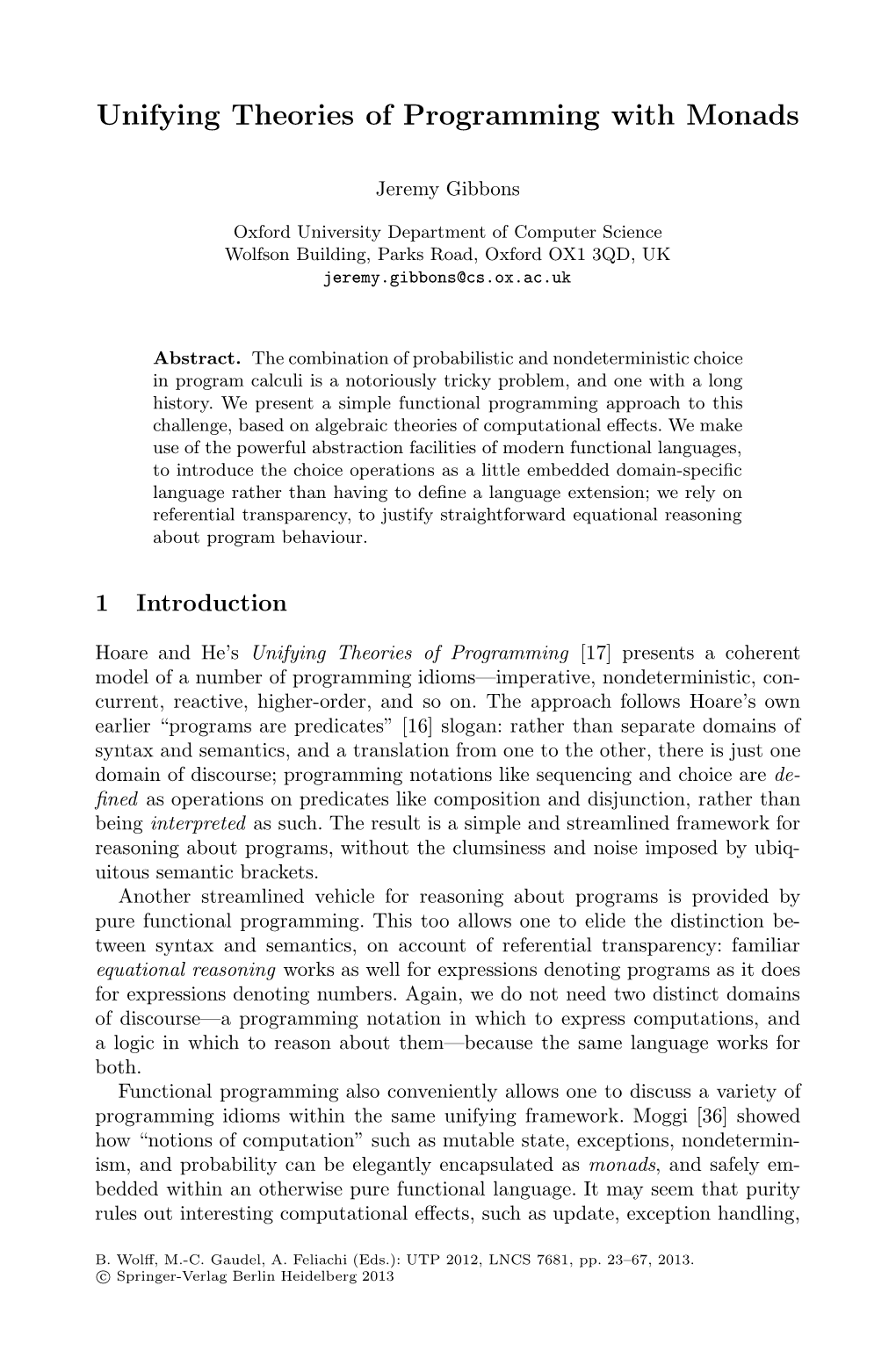 Unifying Theories of Programming with Monads