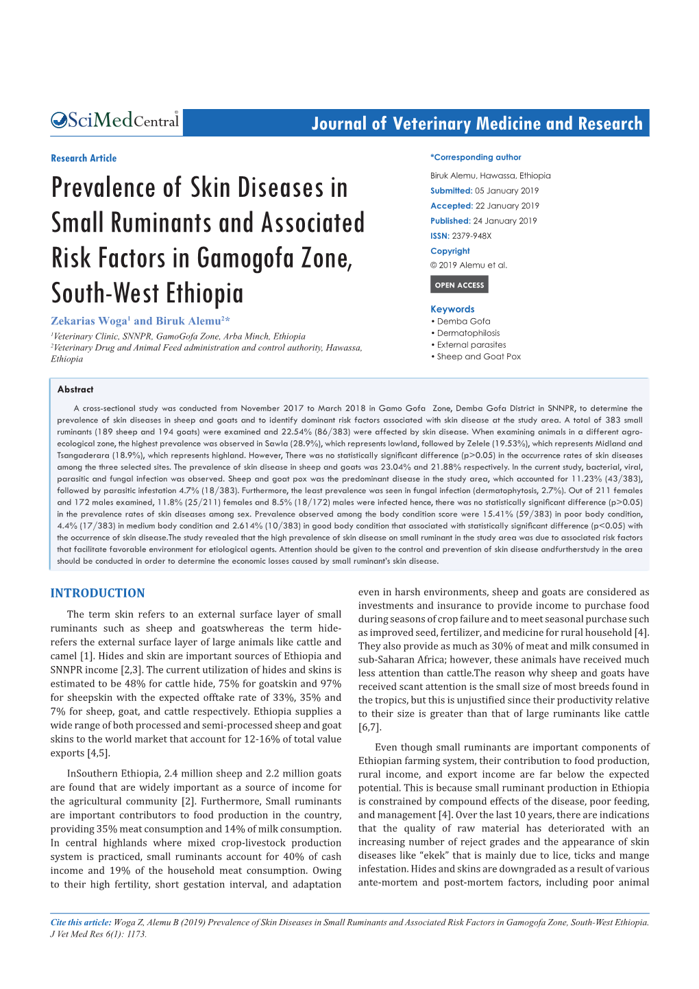 Prevalence of Skin Diseases in Small Ruminants and Associated Risk Factors in Gamogofa Zone, South-West Ethiopia