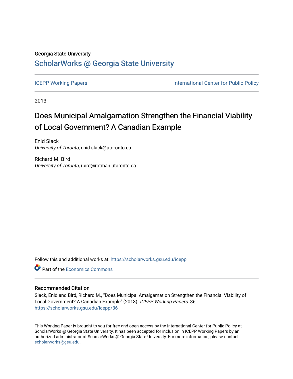 Does Municipal Amalgamation Strengthen the Financial Viability of Local Government? a Canadian Example