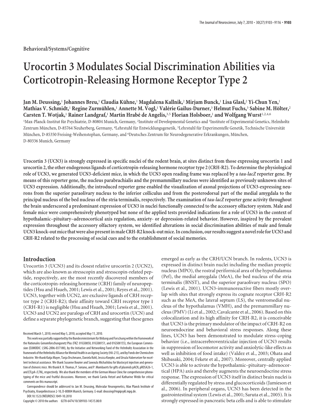 Urocortin 3 Modulates Social Discrimination Abilities Via Corticotropin-Releasing Hormone Receptor Type 2