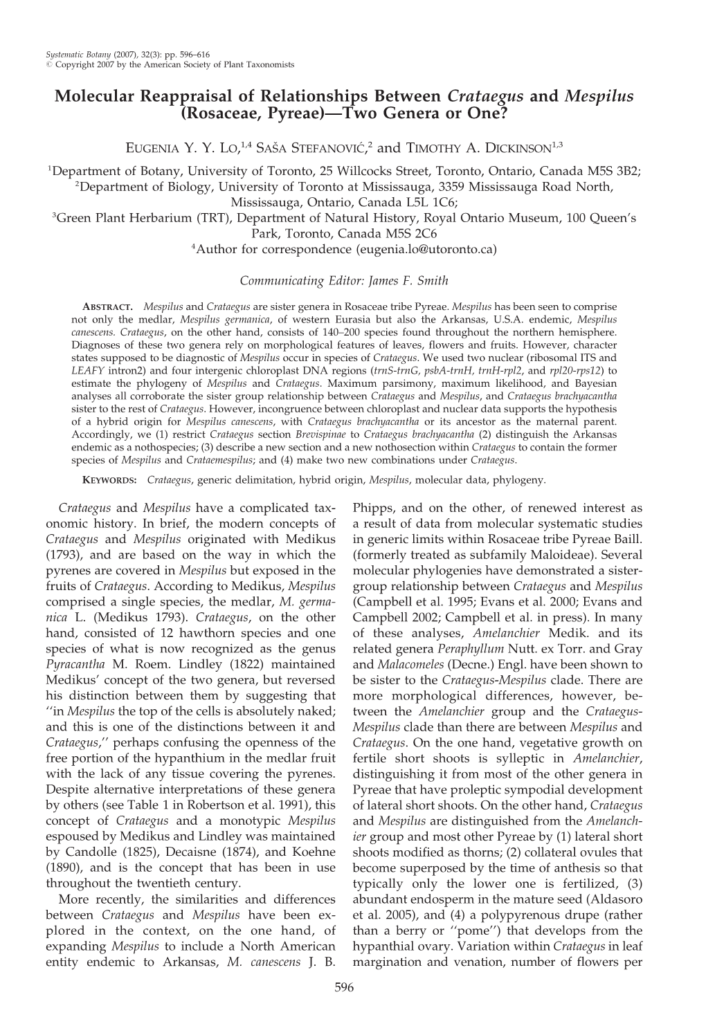 Molecular Reappraisal of Relationships Between Crataegus and Mespilus (Rosaceae, Pyreae)—Two Genera Or One?